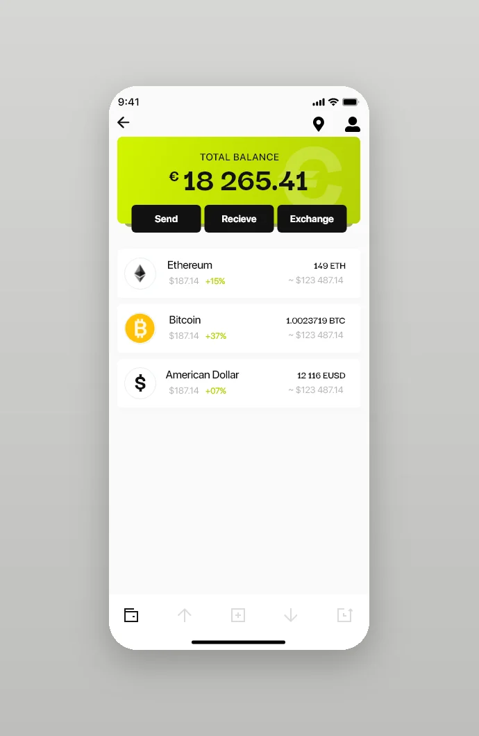 Total balance with Send, Receive and Exchange