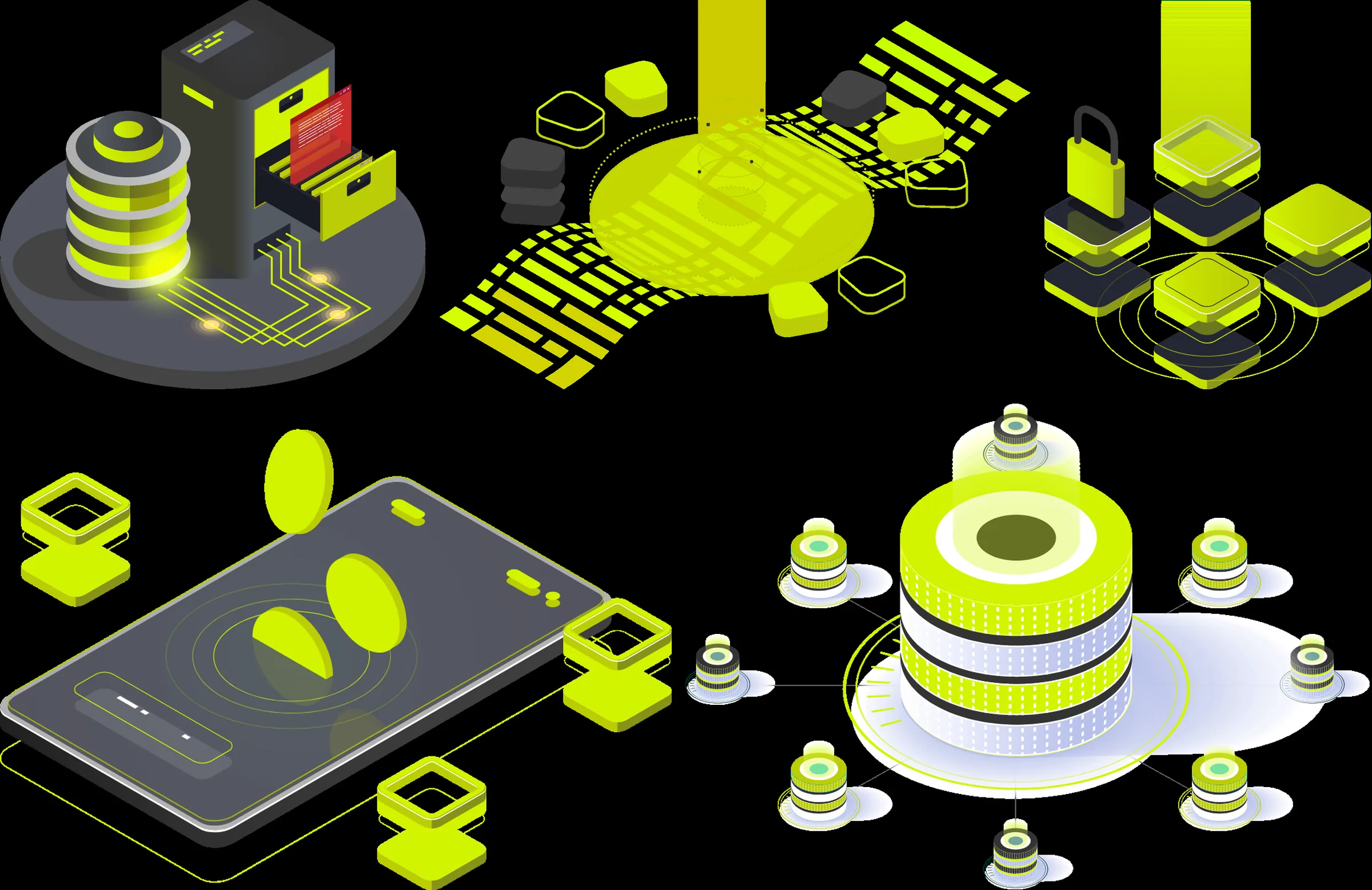 ARUS isometric illustrations in lime and graphite