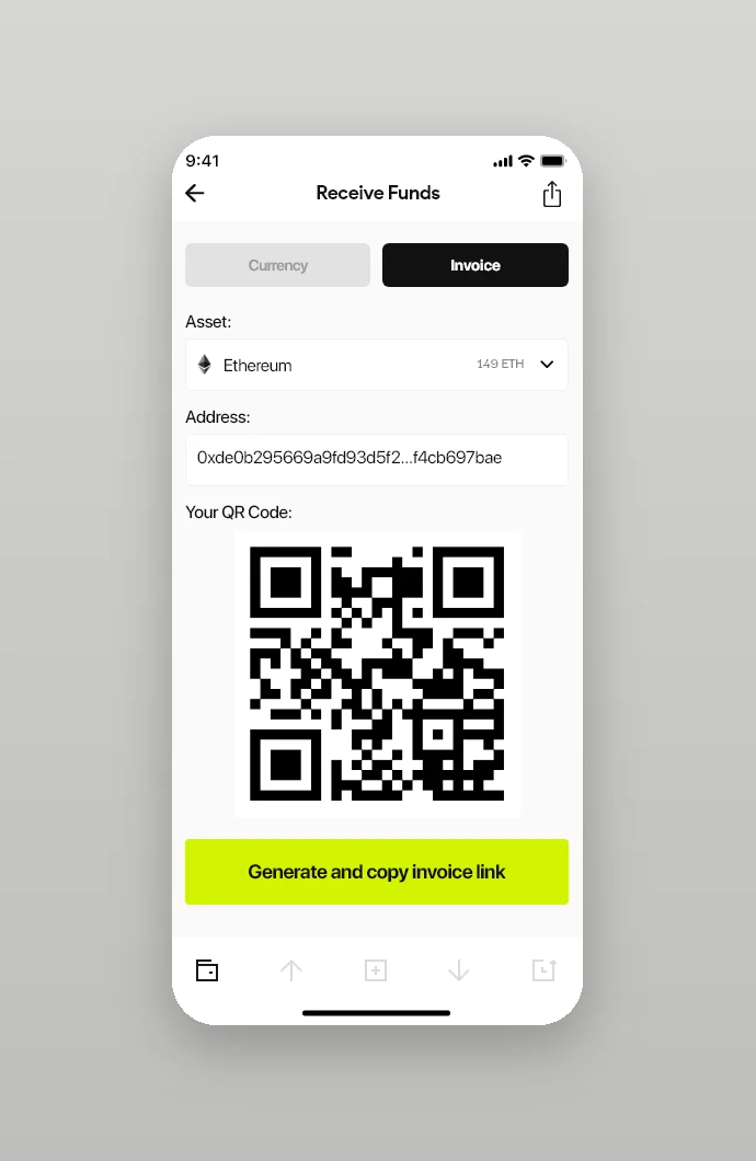 Receive funds: invoice link with a QR code
