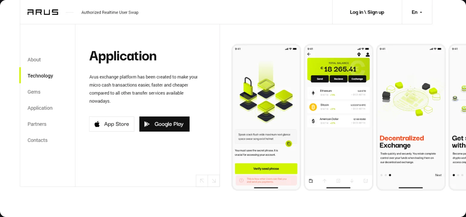 Website Application section with the app screens