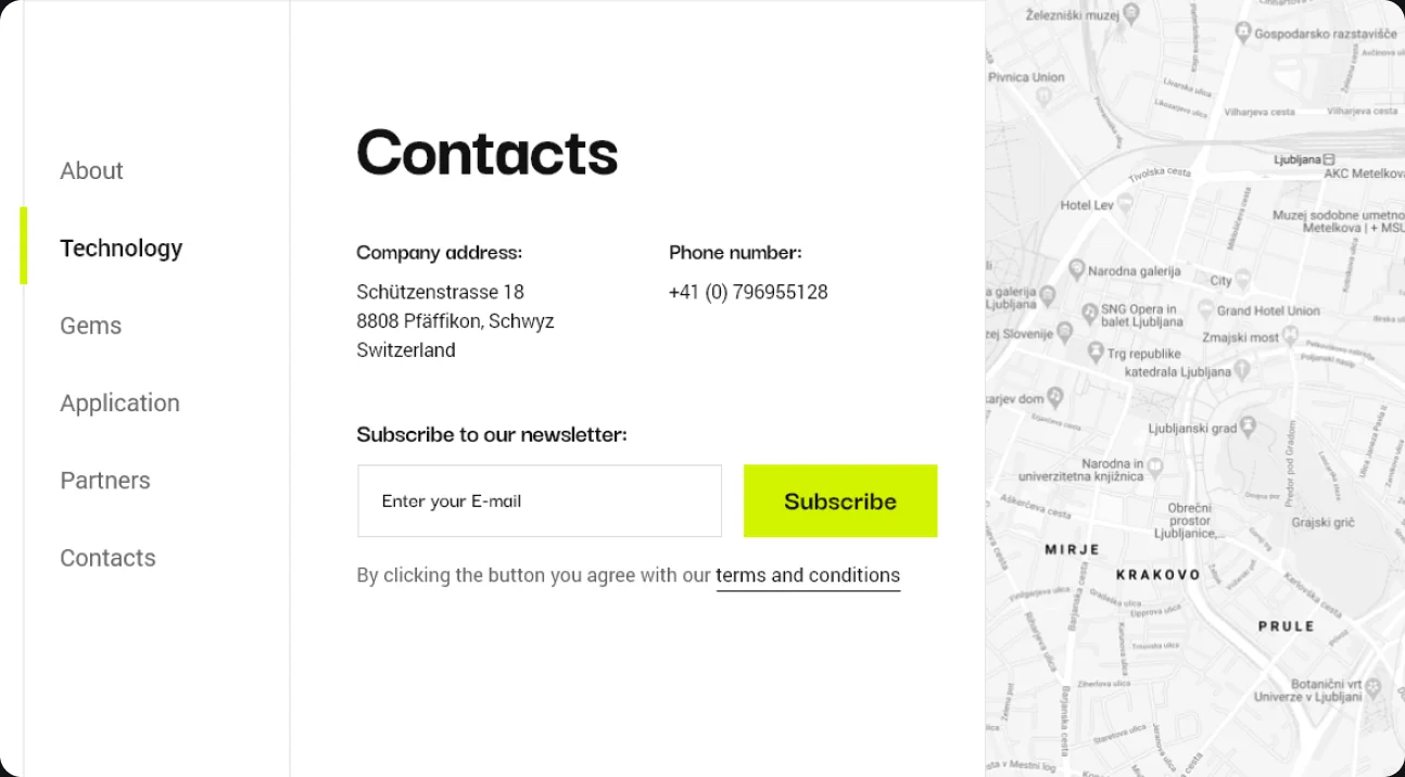 Website Contacts section with a newsletter sign-up and a map