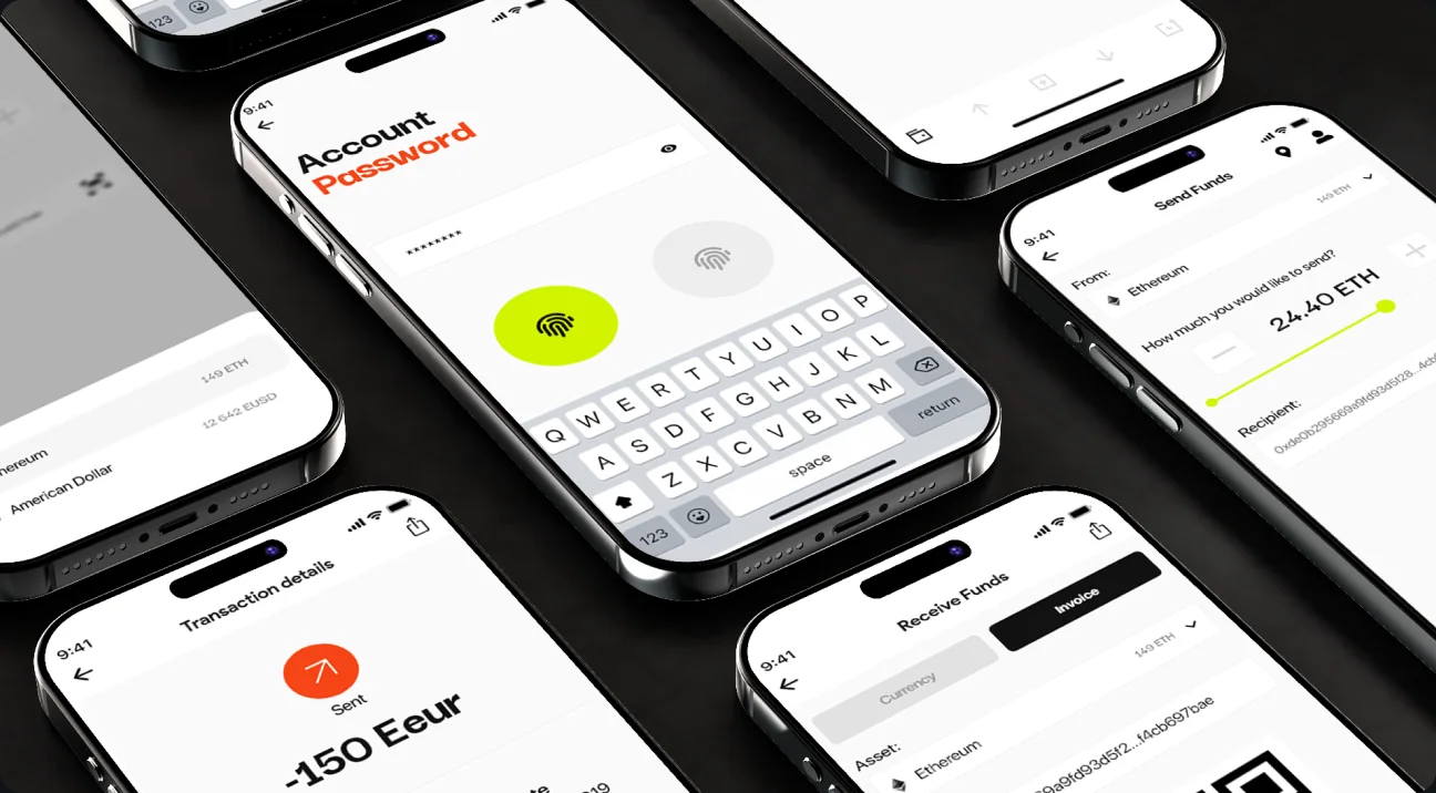 App screens on phones: password, transfer, receipt and invoice