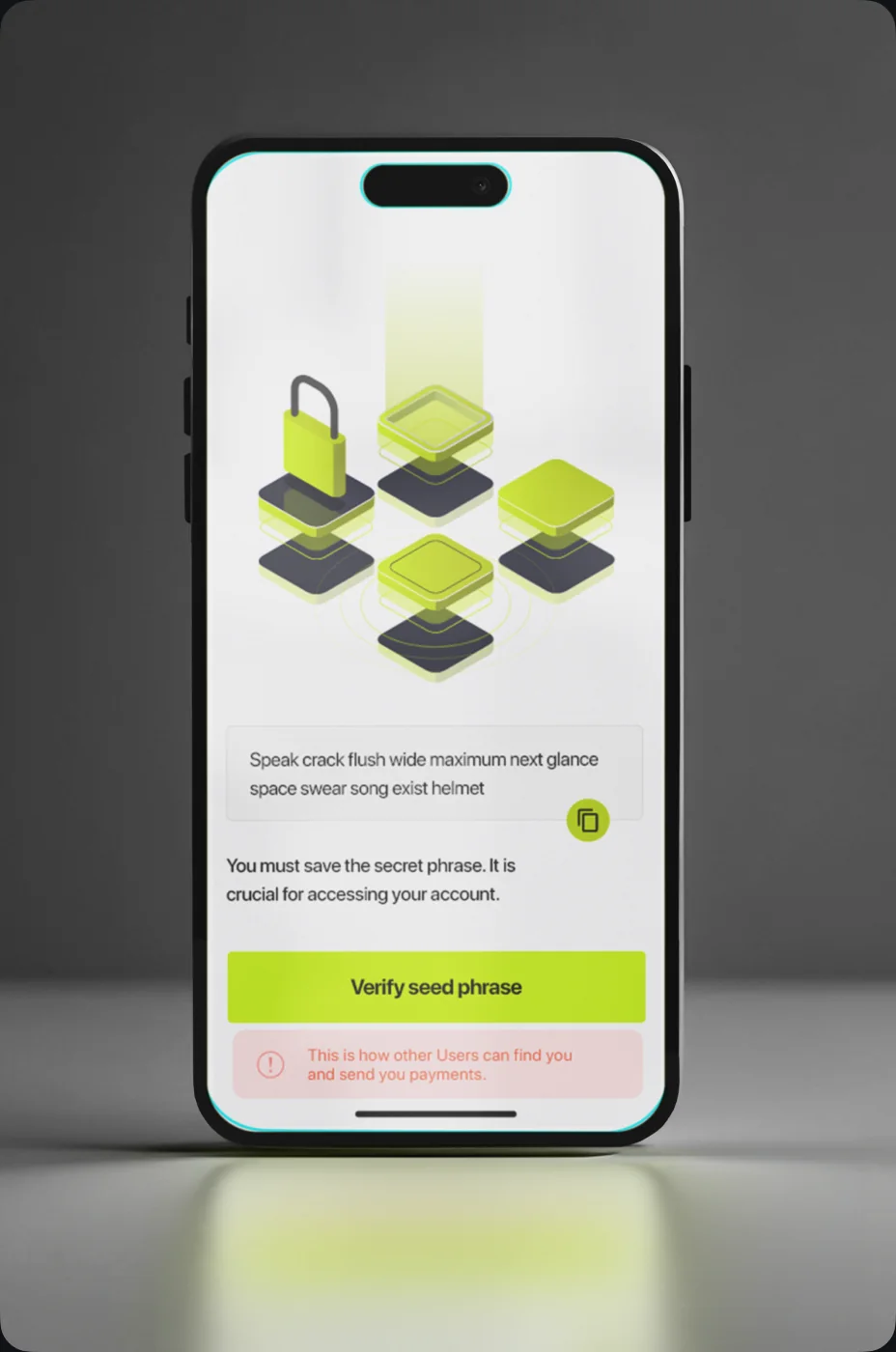 Seed phrase screen on a phone
