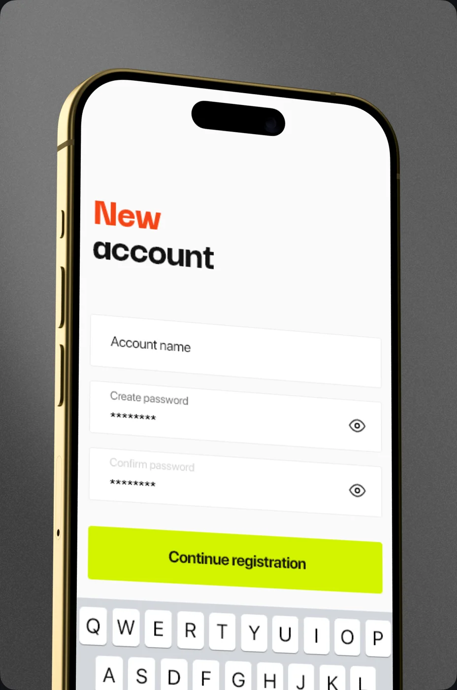 New account screen on a phone