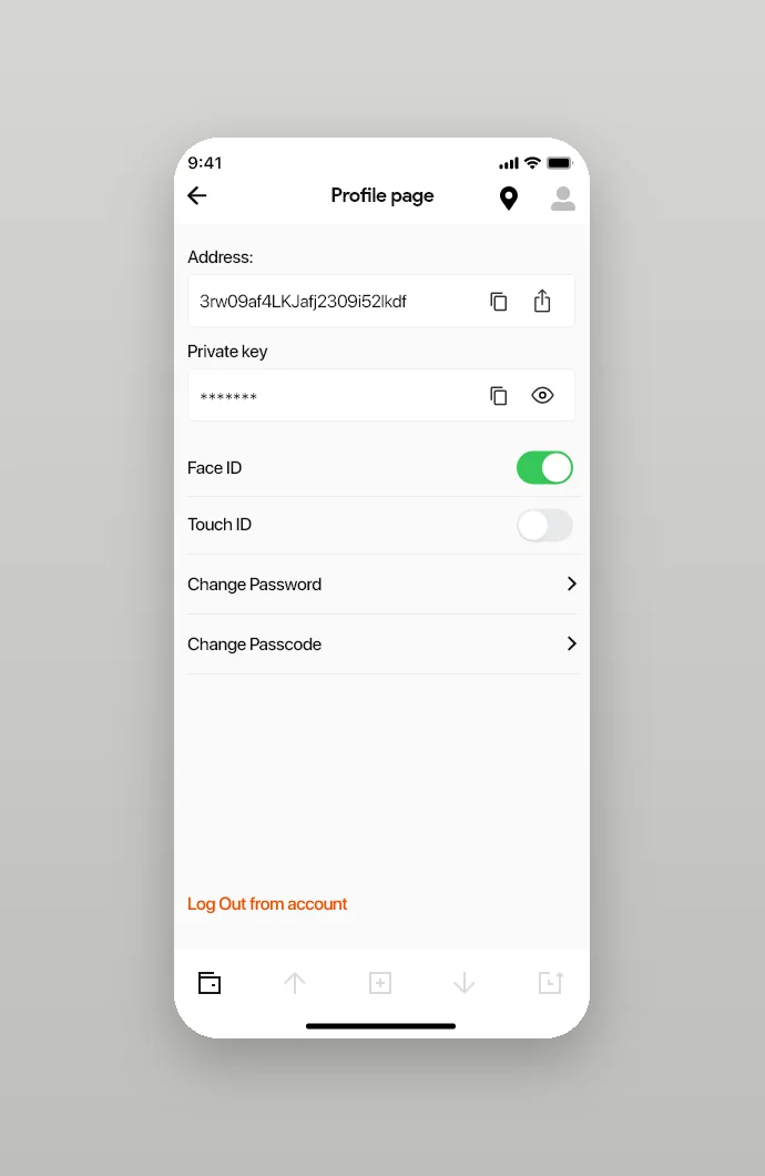 Profile with address, private key, Face ID and Touch ID