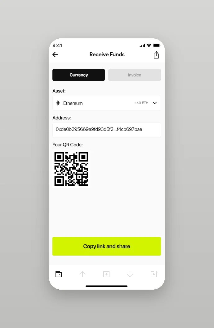 Receive funds: address and QR code