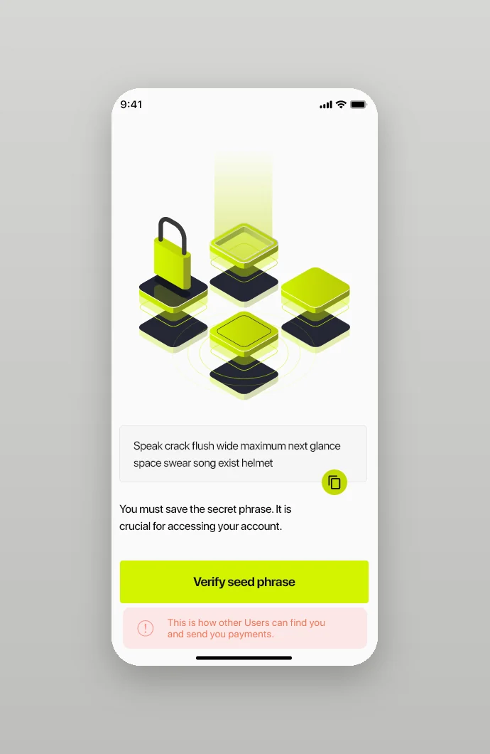 Secret phrase with a copy button and a warning