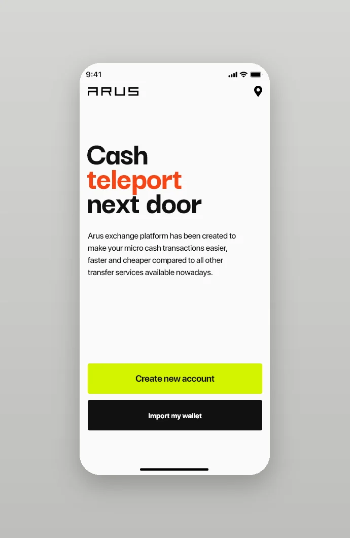 Welcome screen: Cash teleport next door, create an account or import a wallet