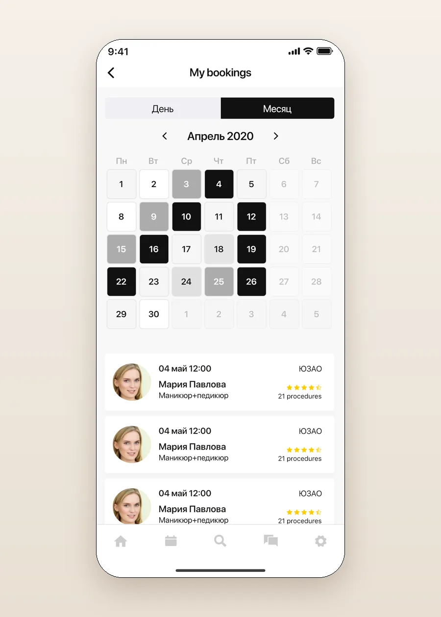 Client bookings calendar by month