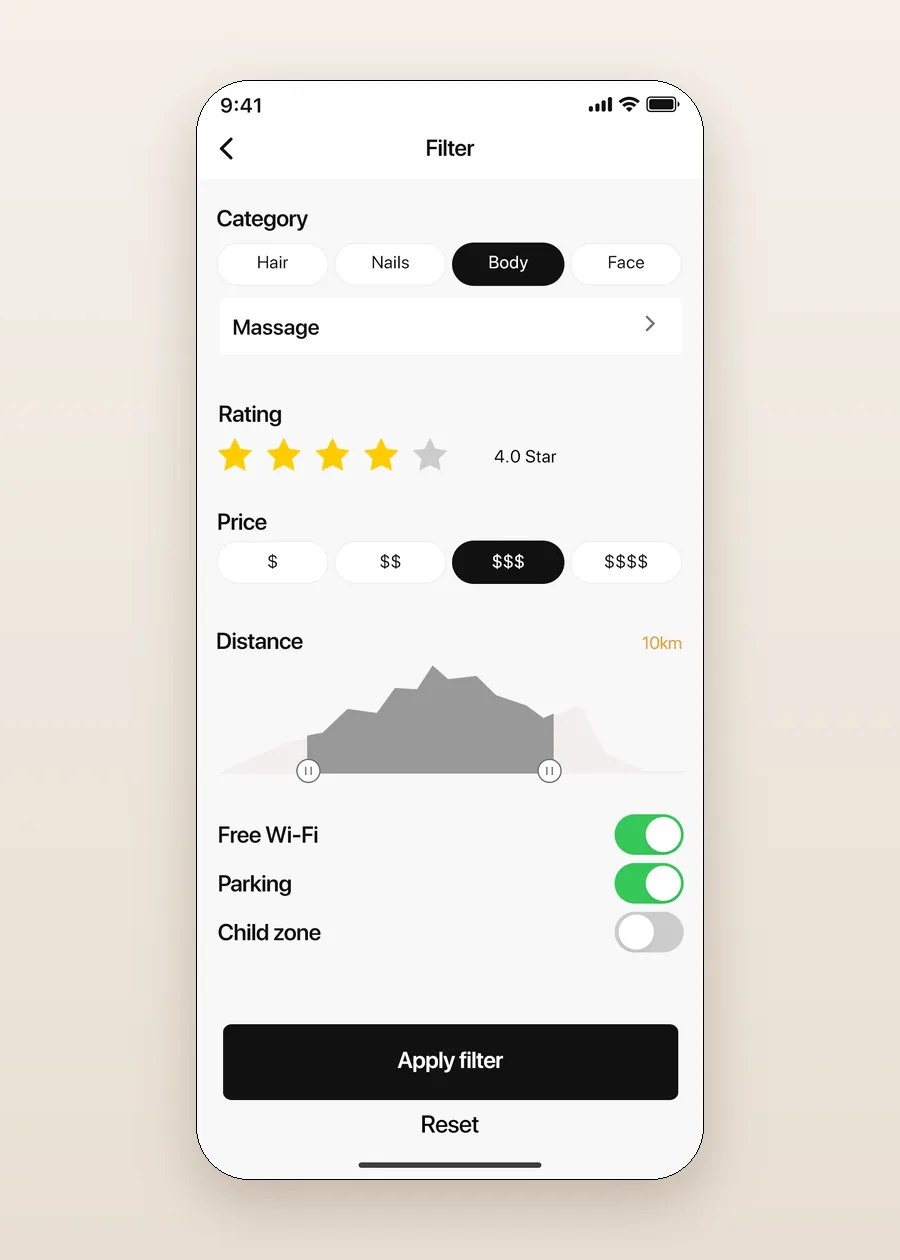 Filter by category, rating, price, distance and amenities