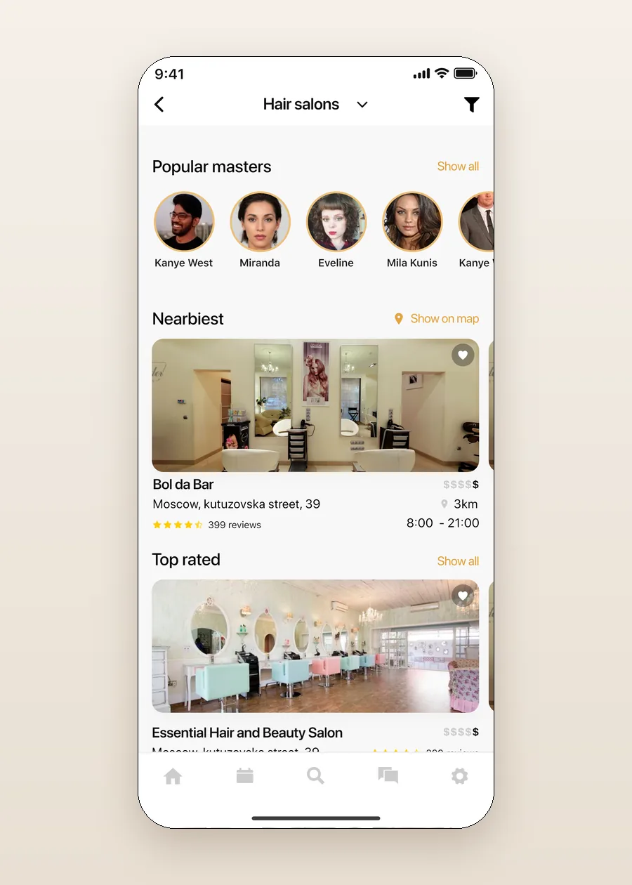 Home feed with popular masters, nearby and top rated salons