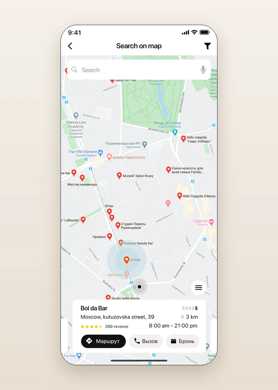 Salon search on the map