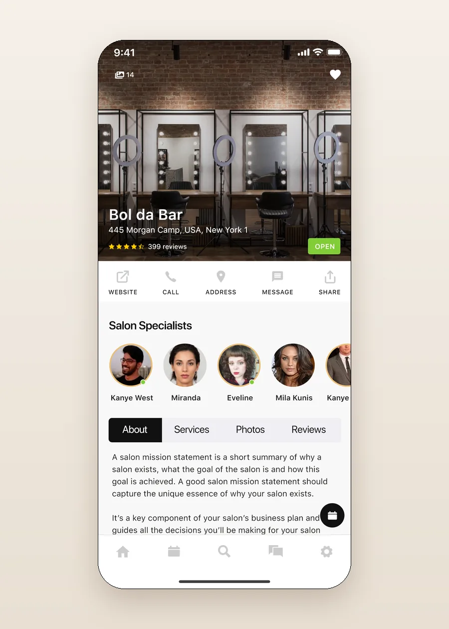 Salon page with specialists and tabs