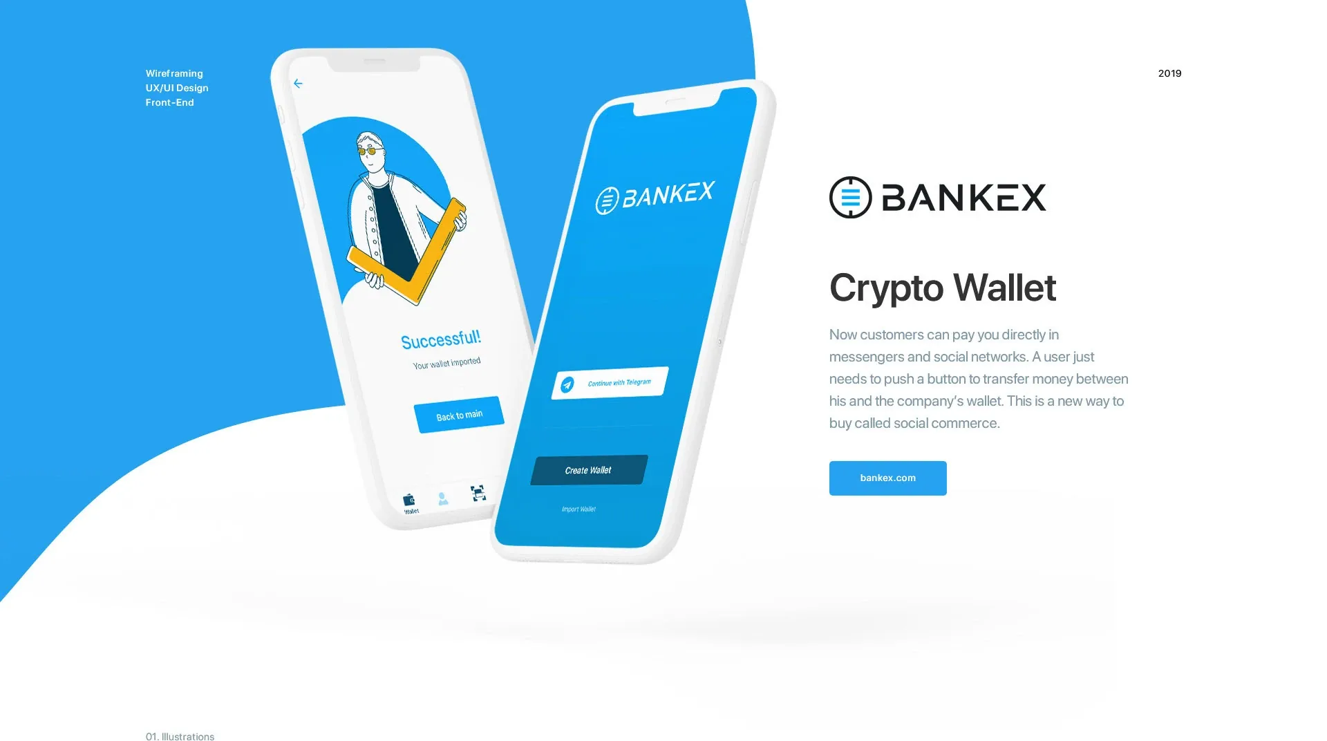 BANKEX Crypto Wallet app, two phones with the welcome and success screens