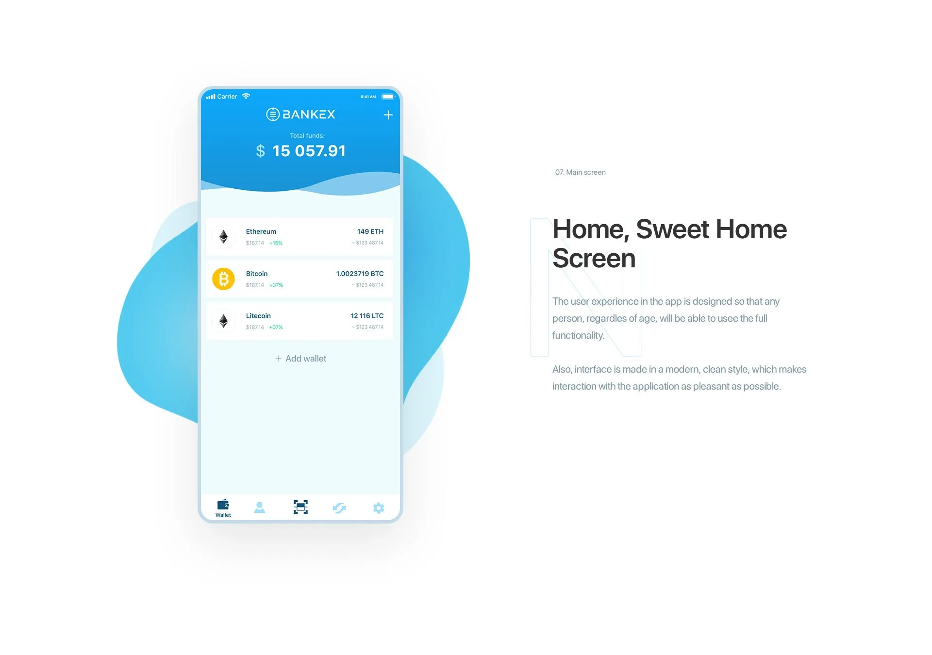 Home screen with total funds and coin wallets