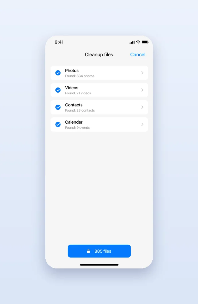 Cleanup files found: photos, videos, contacts and calendar events