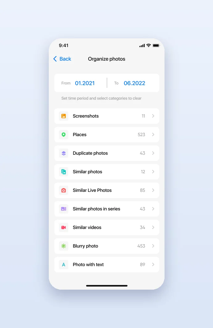 Organize photos by period and category