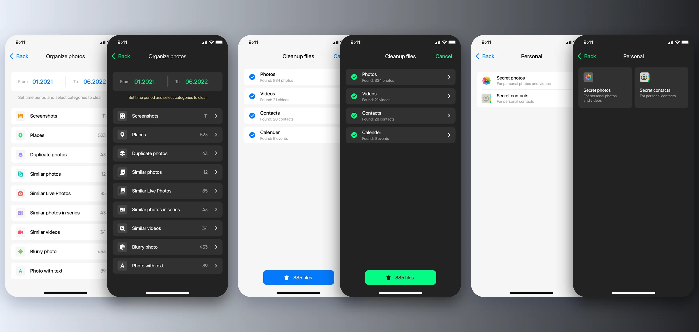 Three screens in the light and the dark theme