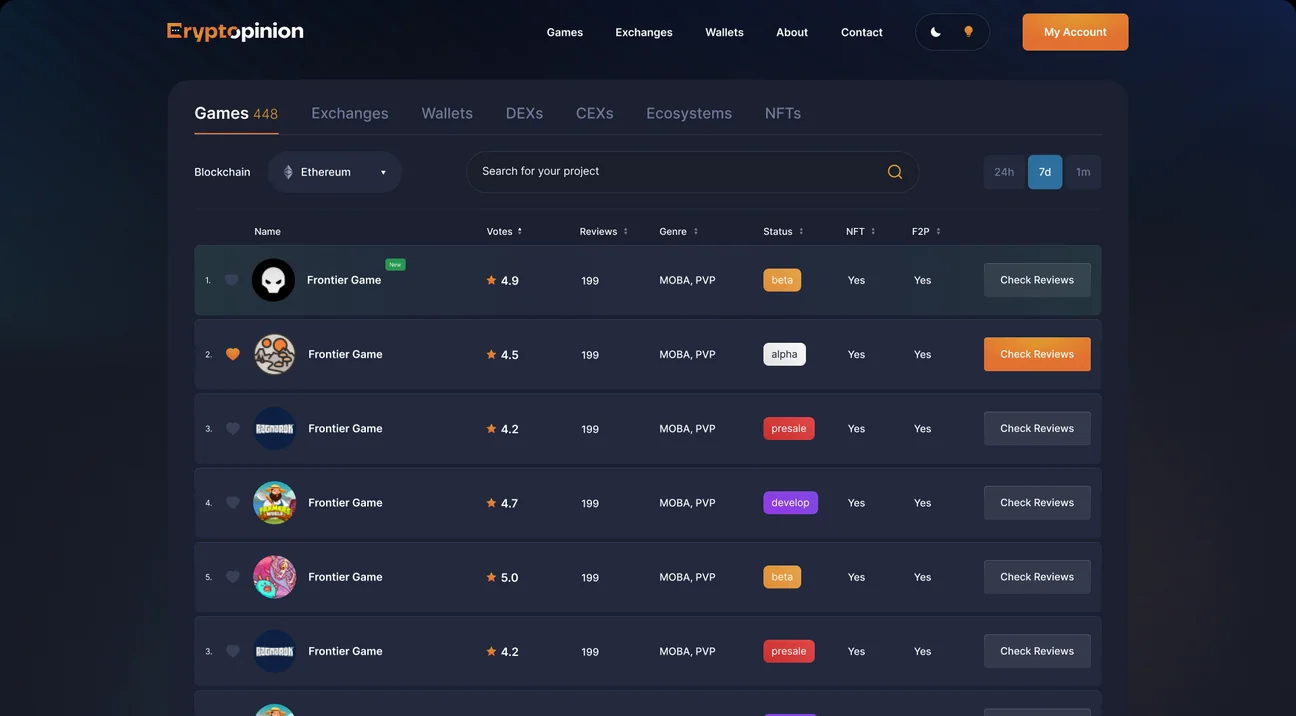 Catalog with category tabs, blockchain filter and votes