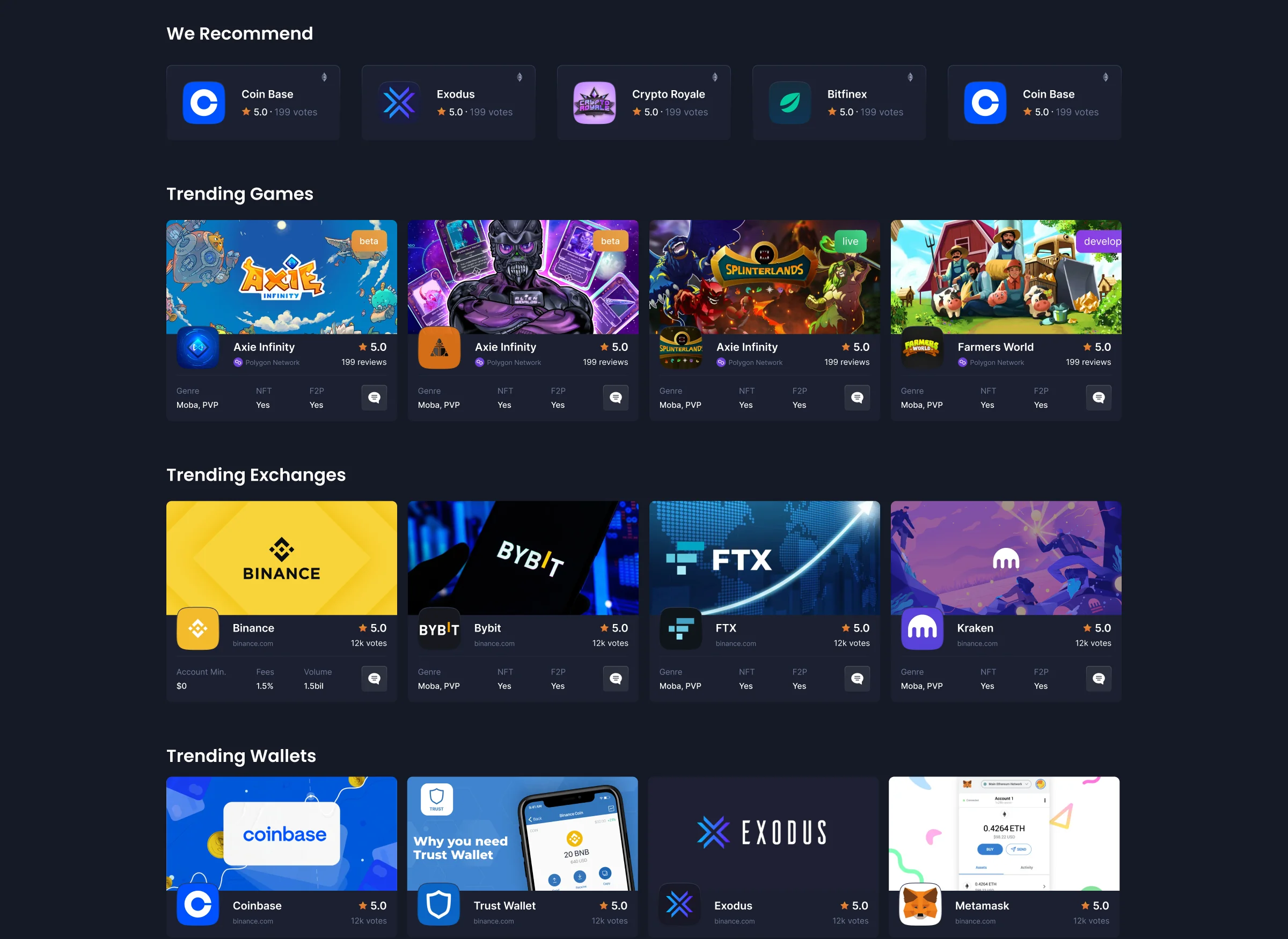 Home page: recommended projects and trending games, exchanges and wallets