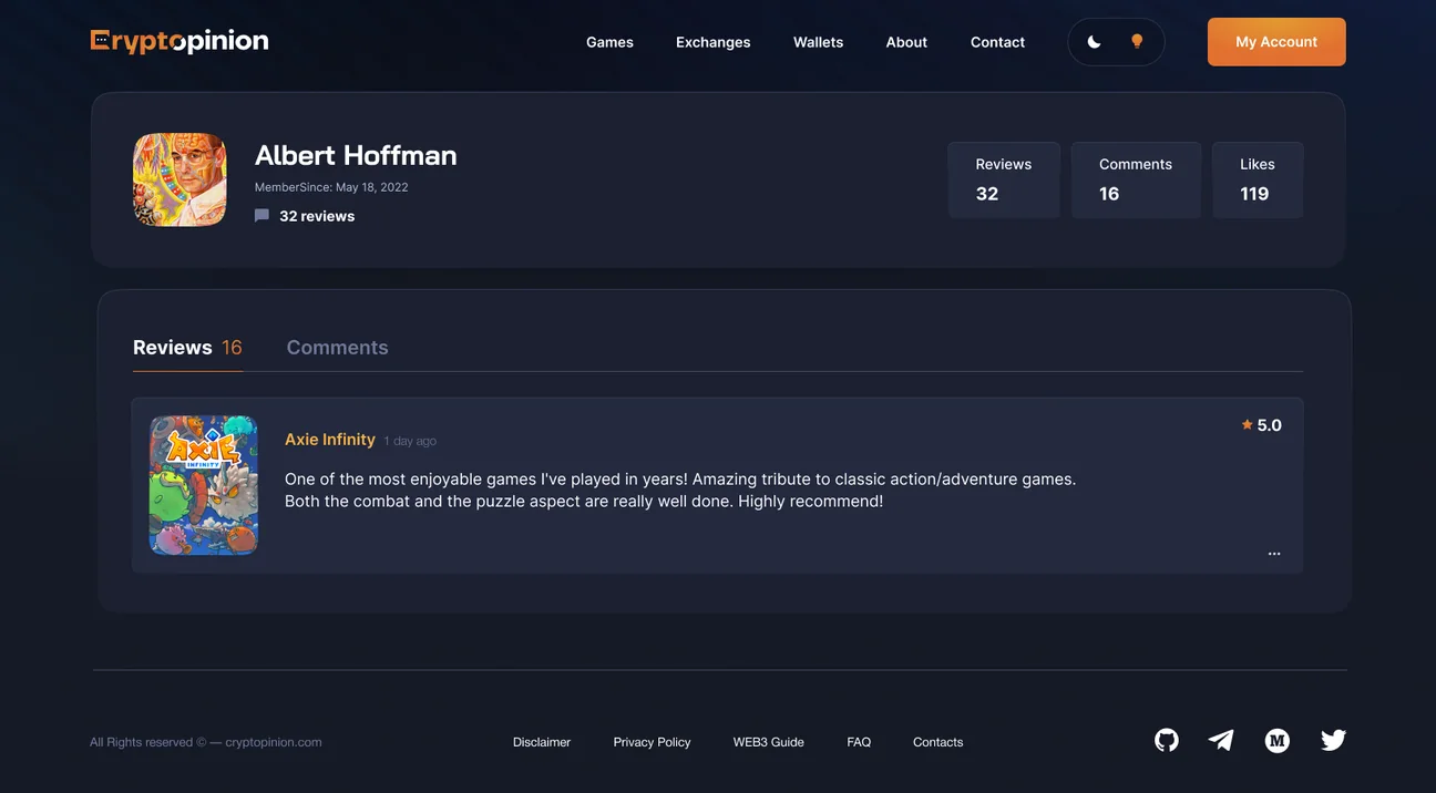 Member profile with reviews and comments