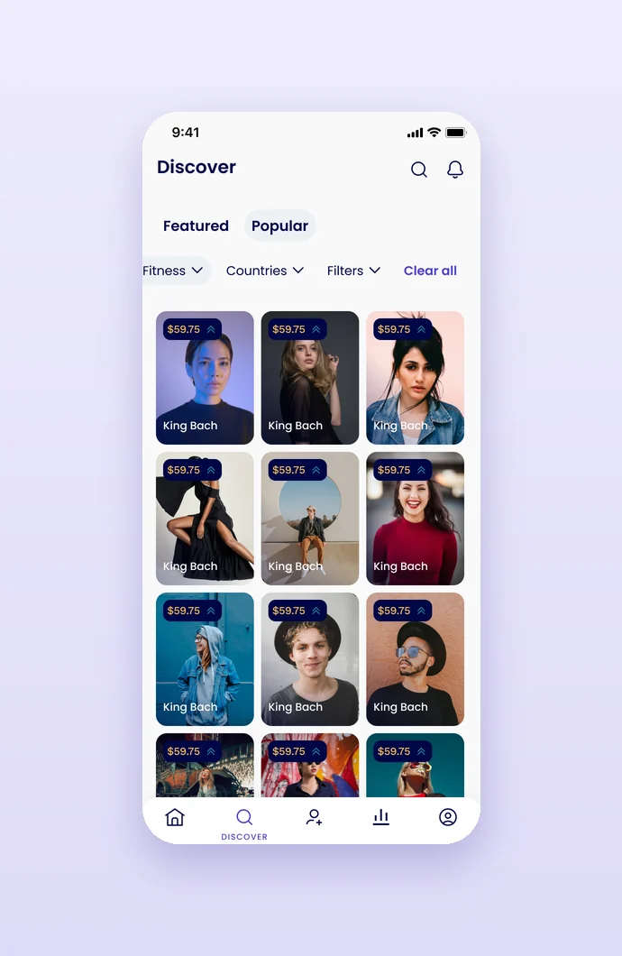 Discover: card grid with prices and filters