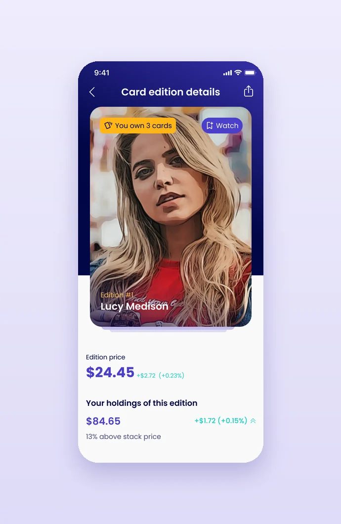 Card edition details with price and market statistics