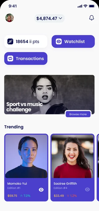 Home with balance, points, watchlist and trending cards