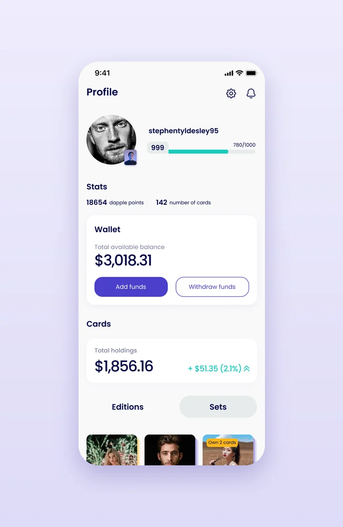 Profile with level, points, wallet and cards