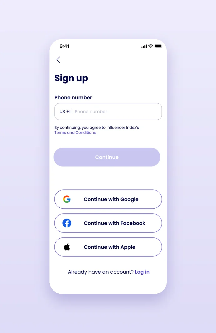 Sign up with a phone number, Google, Facebook or Apple
