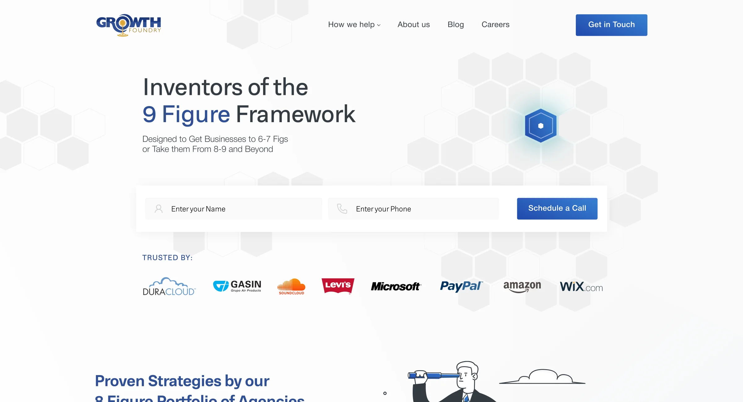 Growth Foundry home page with a call request form and client logos