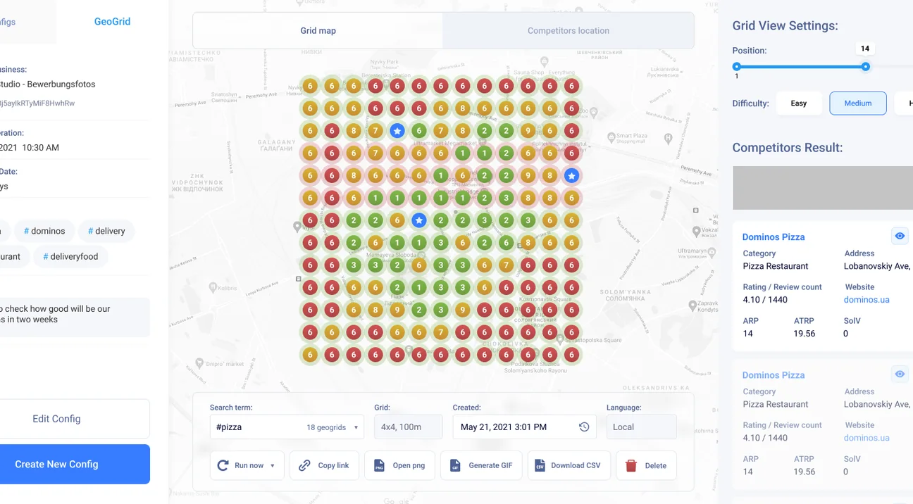 GeoGrid app: grid results with search term, tags and note
