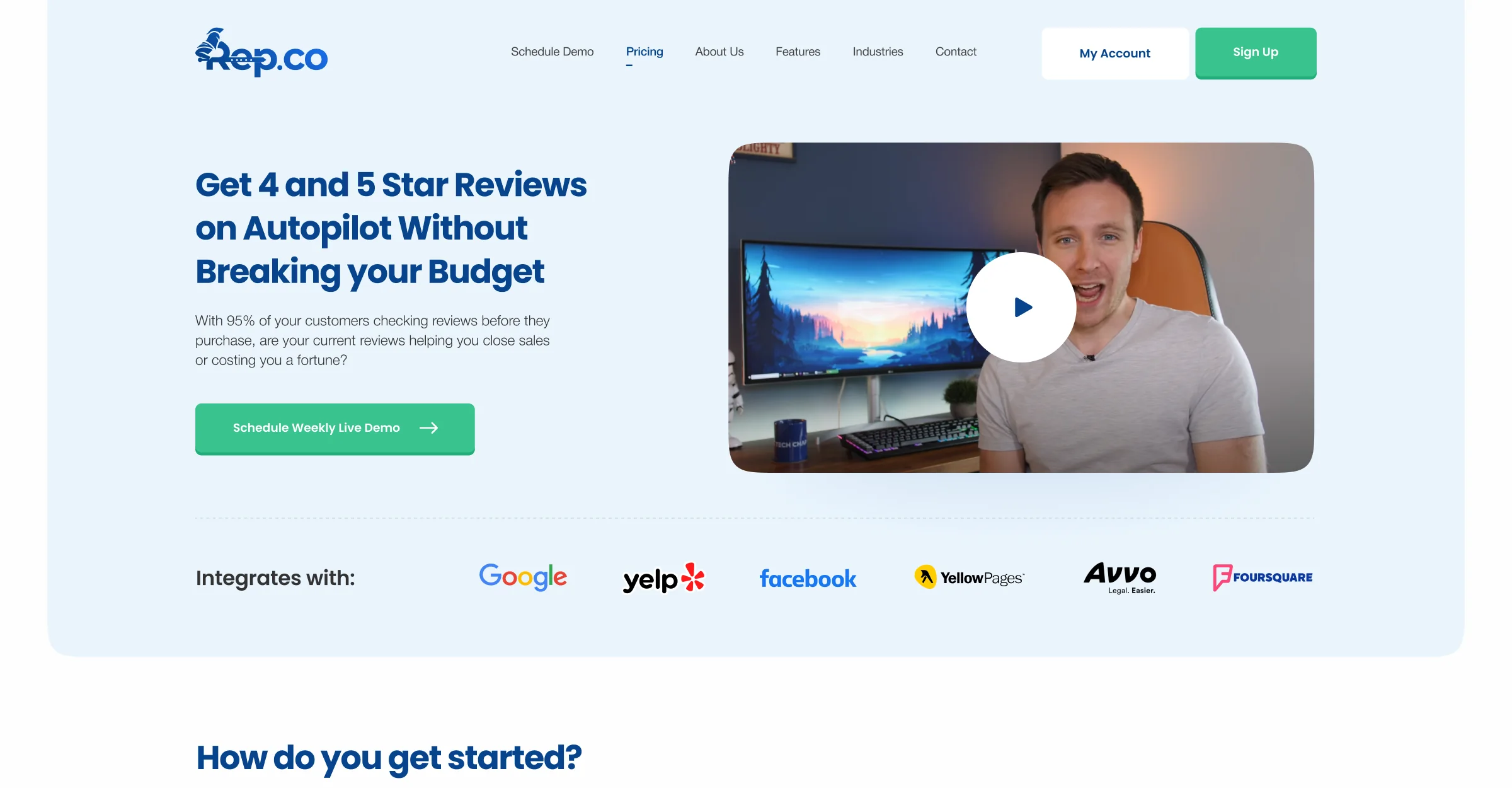 Rep.co home page: reviews on autopilot, integrations with review sites