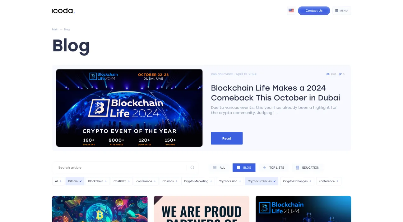 Blog with featured article and topic filters