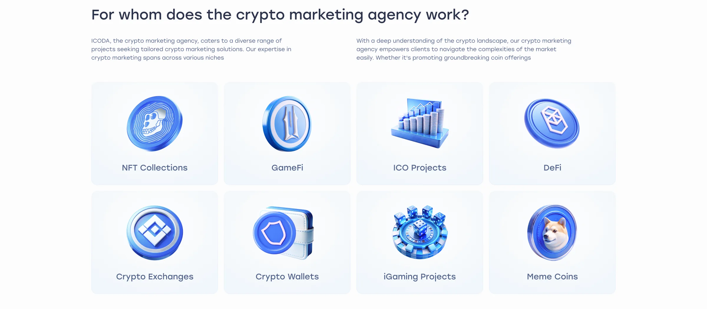 For whom the agency works: NFT collections, GameFi, ICO, DeFi, exchanges, wallets, iGaming and meme coins