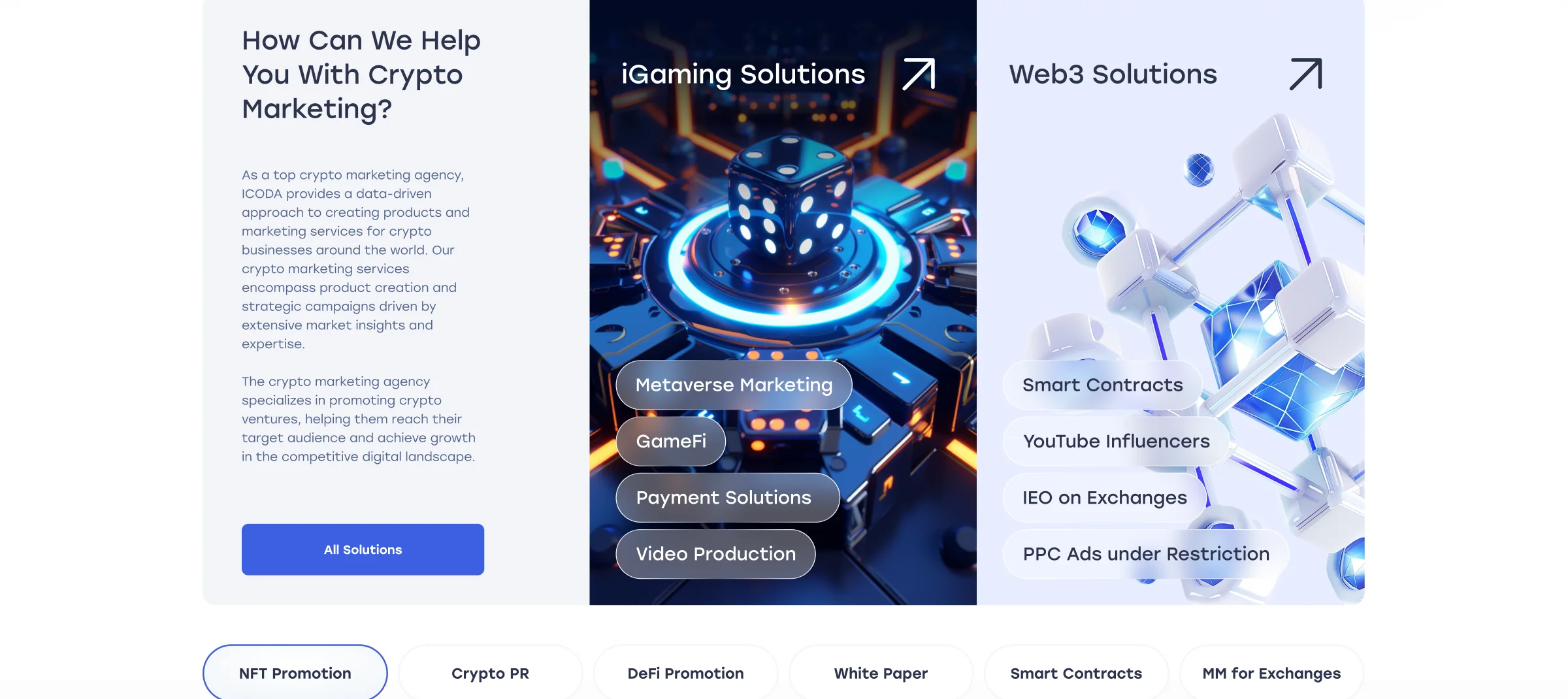 How can we help: iGaming and Web3 solution cards with service tabs