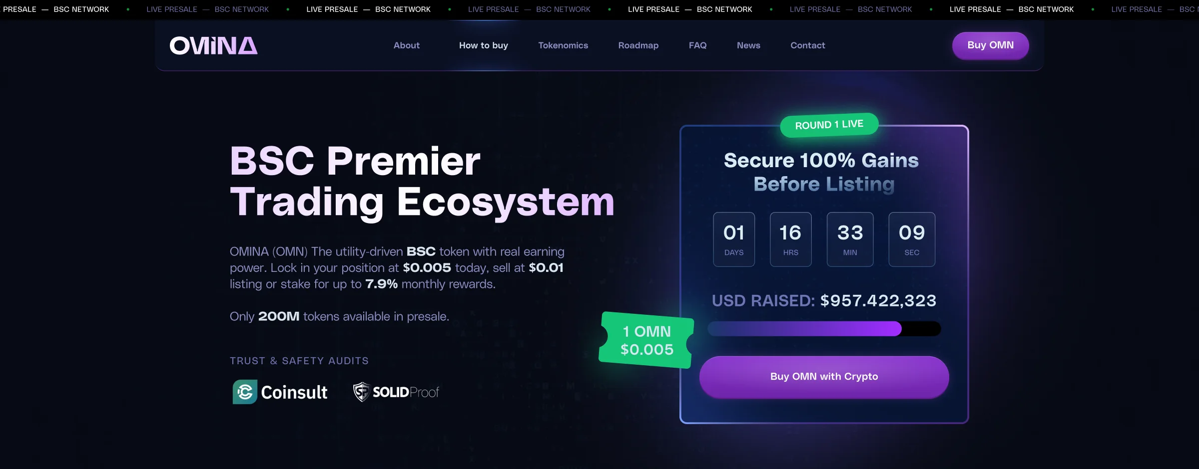 First screen: the headline, audit logos and the presale widget with a countdown and a progress bar