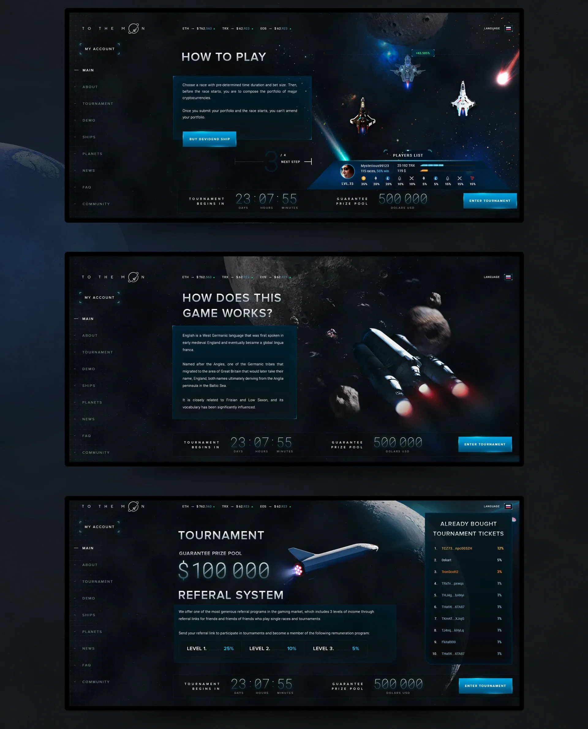 Landing sections: how to play, how the game works, tournament and referral system