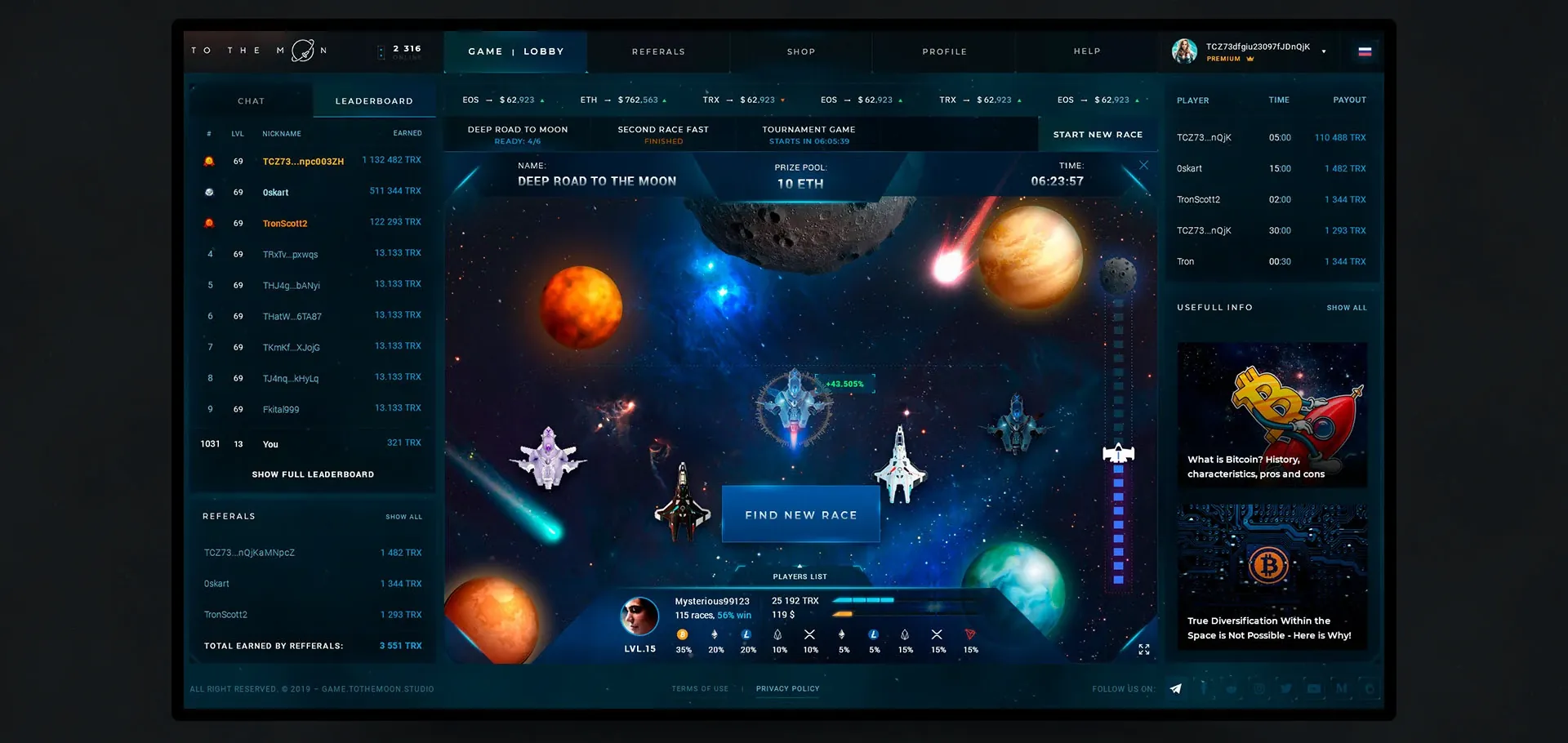 Game platform dashboard with the race map