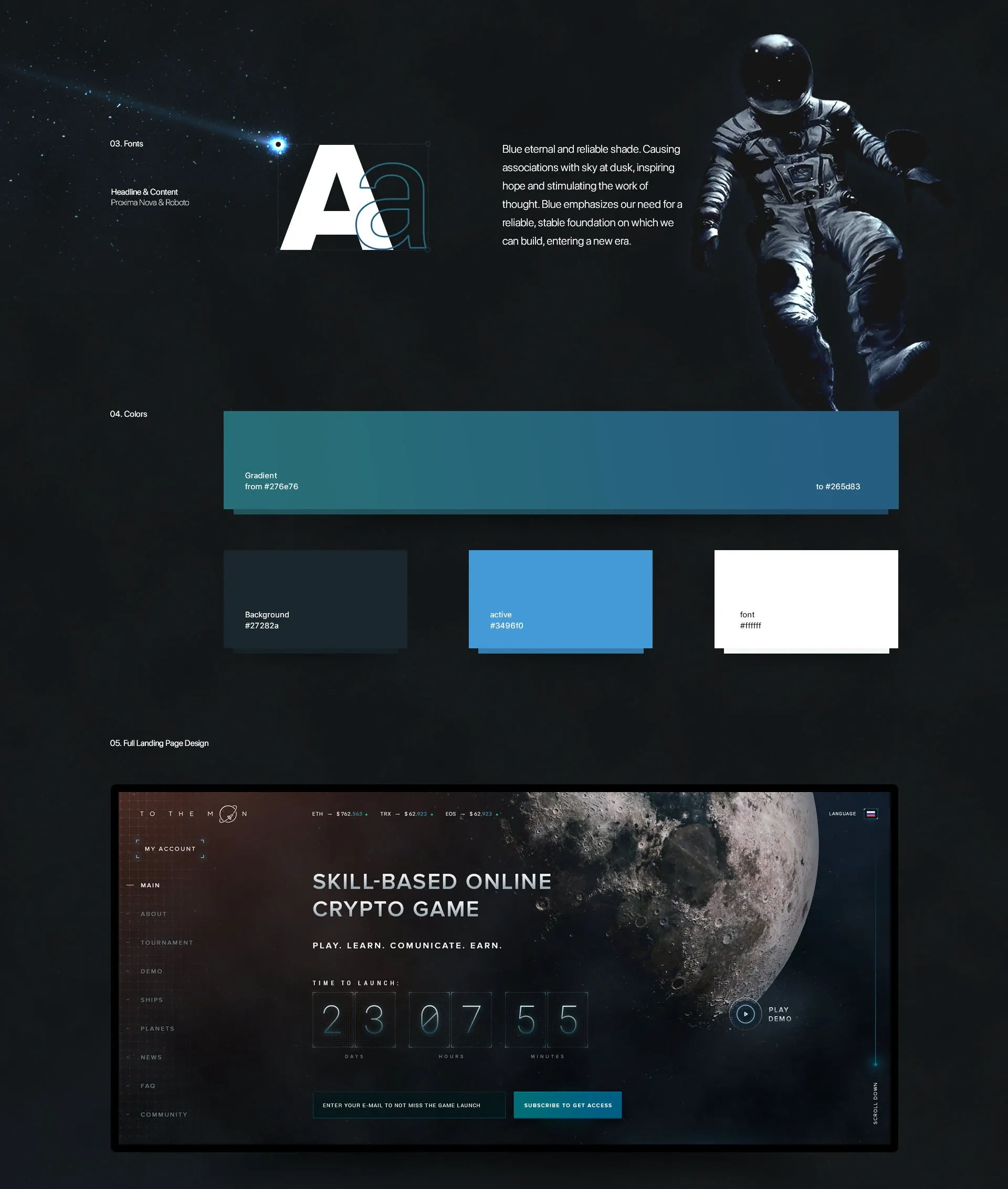 To The Moon fonts, colour palette and full landing hero