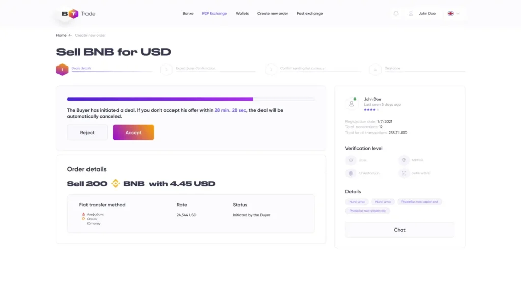 Banxe P2P deal screen with a countdown and a counterparty panel showing rating and verification level