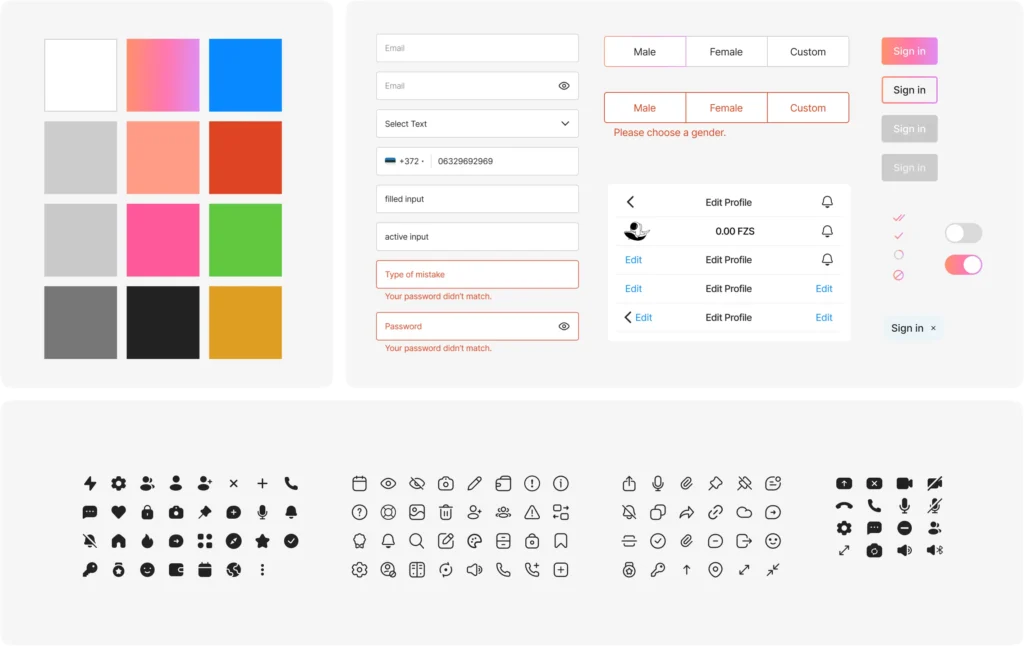 Fozeus UI kit with the palette, input states, buttons and icon sets