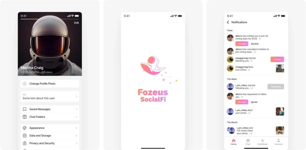 Fozeus SocialFi app screens with the astronaut-on-a-whale logo on the start screen