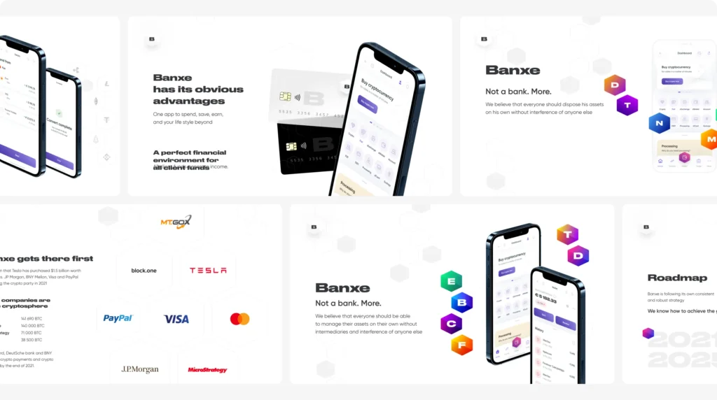 Banxe pitch deck slides with wide headlines, hexagon outlines and app screens