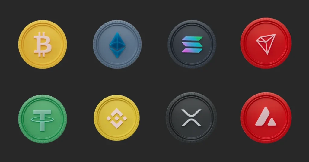 3D Crypto Icons: 8 Coins in 7 Views, Transparent PNG