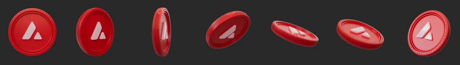 Seven 3D renders of a red Avalanche coin with the Avalanche symbol raised on its face, from the front view to edge-on and tilted