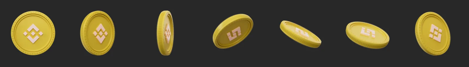 Seven 3D renders of a yellow BNB coin with the BNB symbol raised on its face, from the front view to edge-on and tilted