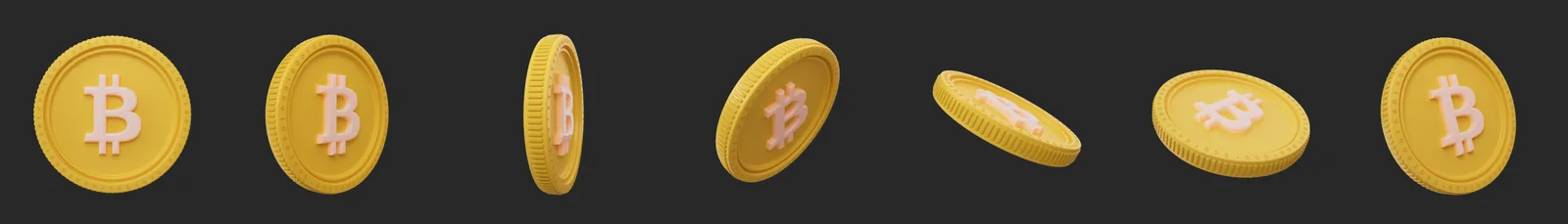 Seven 3D renders of a yellow Bitcoin coin with a light pink raised symbol, from the front view to edge-on and tilted