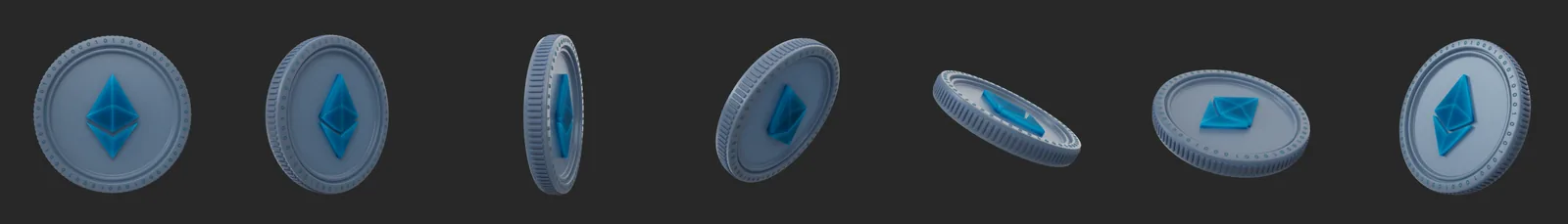 Seven 3D renders of a blue-grey Ethereum coin with a blue raised symbol, from the front view to edge-on and tilted