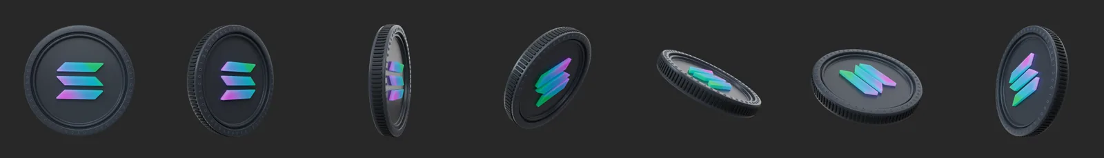 Seven 3D renders of a dark graphite Solana coin with the cyan-to-purple gradient Solana mark, from the front view to edge-on and tilted